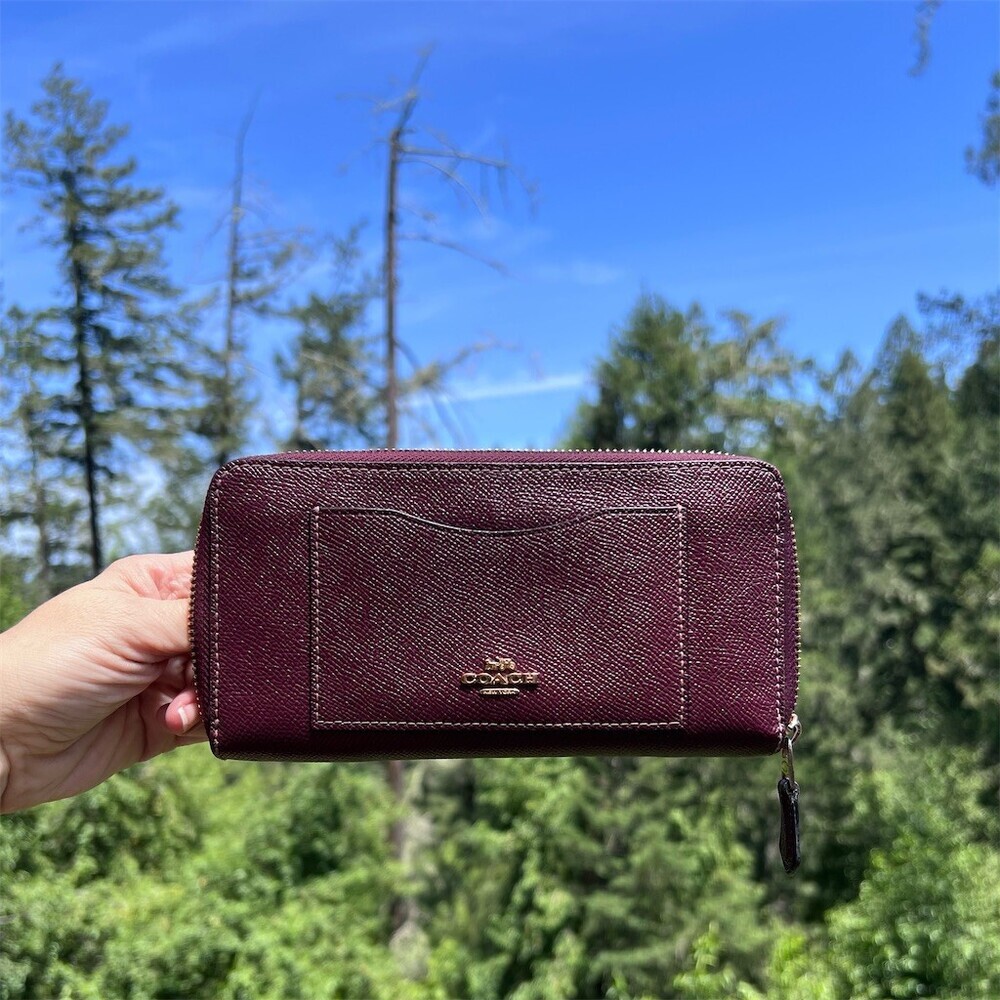 COACH Long Zip-Around Waller Burgundy/Purple Crossgrain Leather
